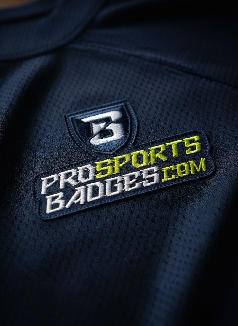 Parche ProSportsBadges aplicado sobre jersey azul marino